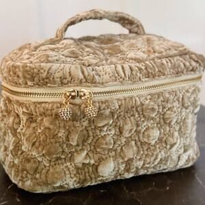 Quilted Velvet Vanity Case Cosmetic Bag with Handle Jeweled Zipper Pulls Moss